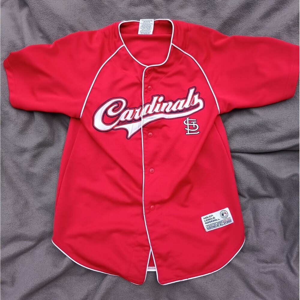 True Fan MLB St Louis Cardinals Red Button Up Jersey Large 12‑14 Short Sleeve